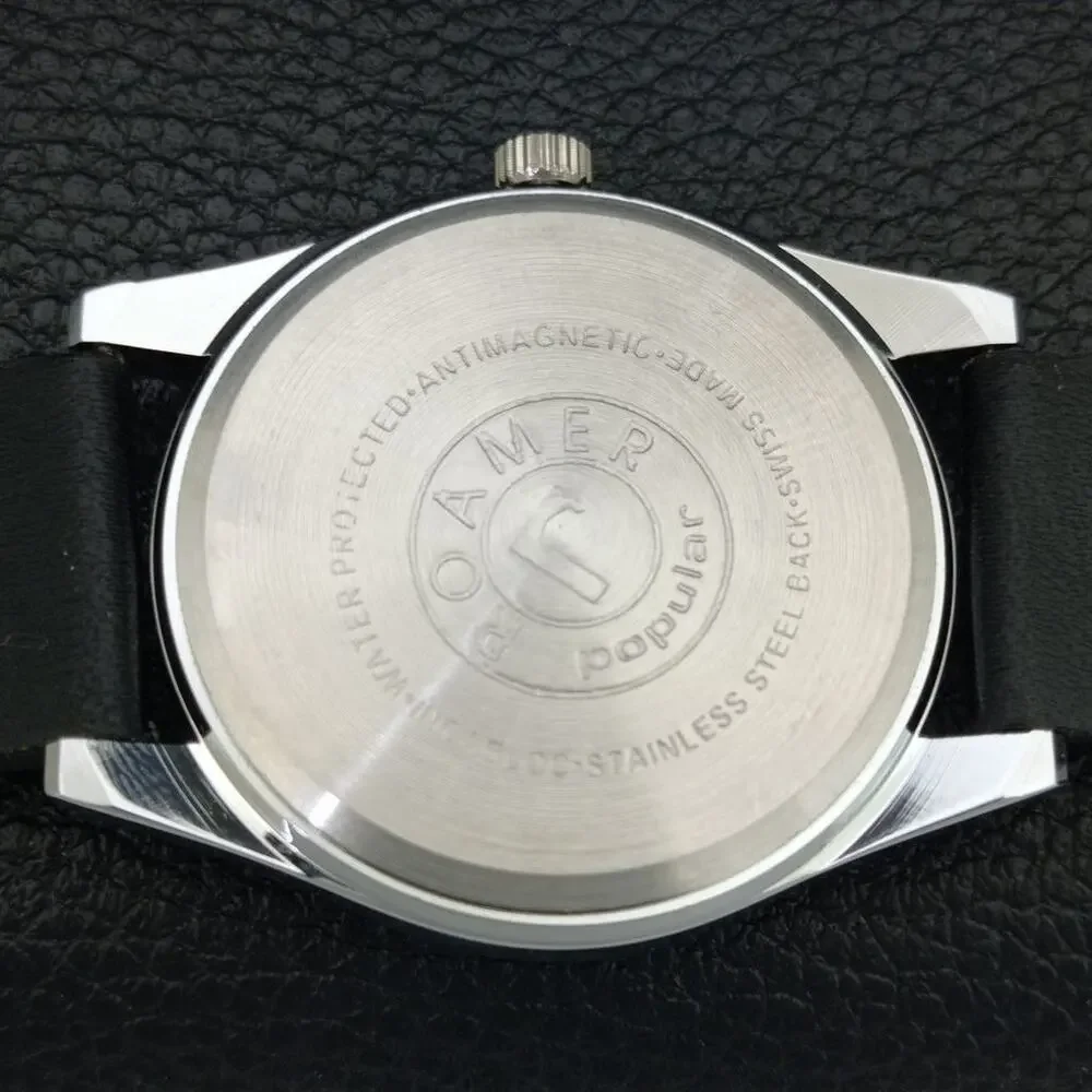 Vintage 1977 Roamer Manual Mens Silver Watch W/Leather Strap & Black accents